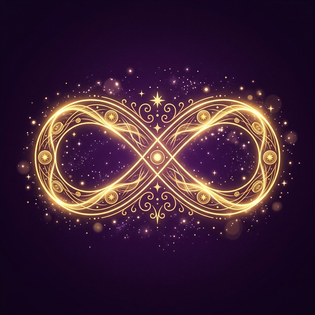 icono místico de abundancia con símbolo infinito dorado sobre fondo oscuro