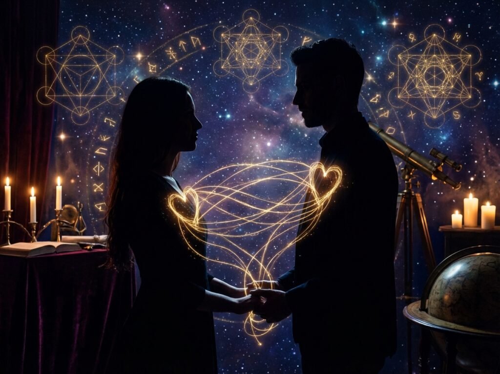 Energía mística conectando a dos personas con luz dorada y fondo cósmico representando vínculo espiritual