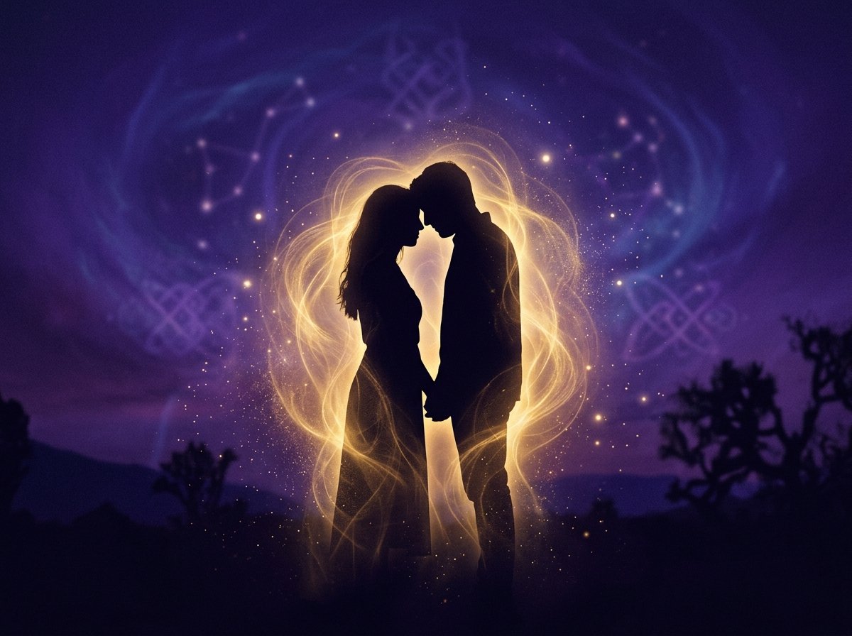 energía mística rodeando a una pareja con luz dorada simbolizando amor y equilibrio