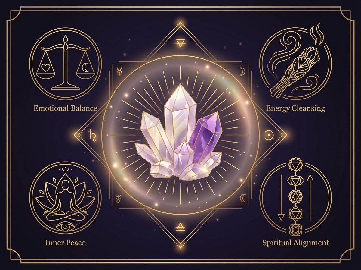 Energía de sanación fluyendo entre manos y luz brillante con cristales, representando el proceso de armonización y equilibrio energético