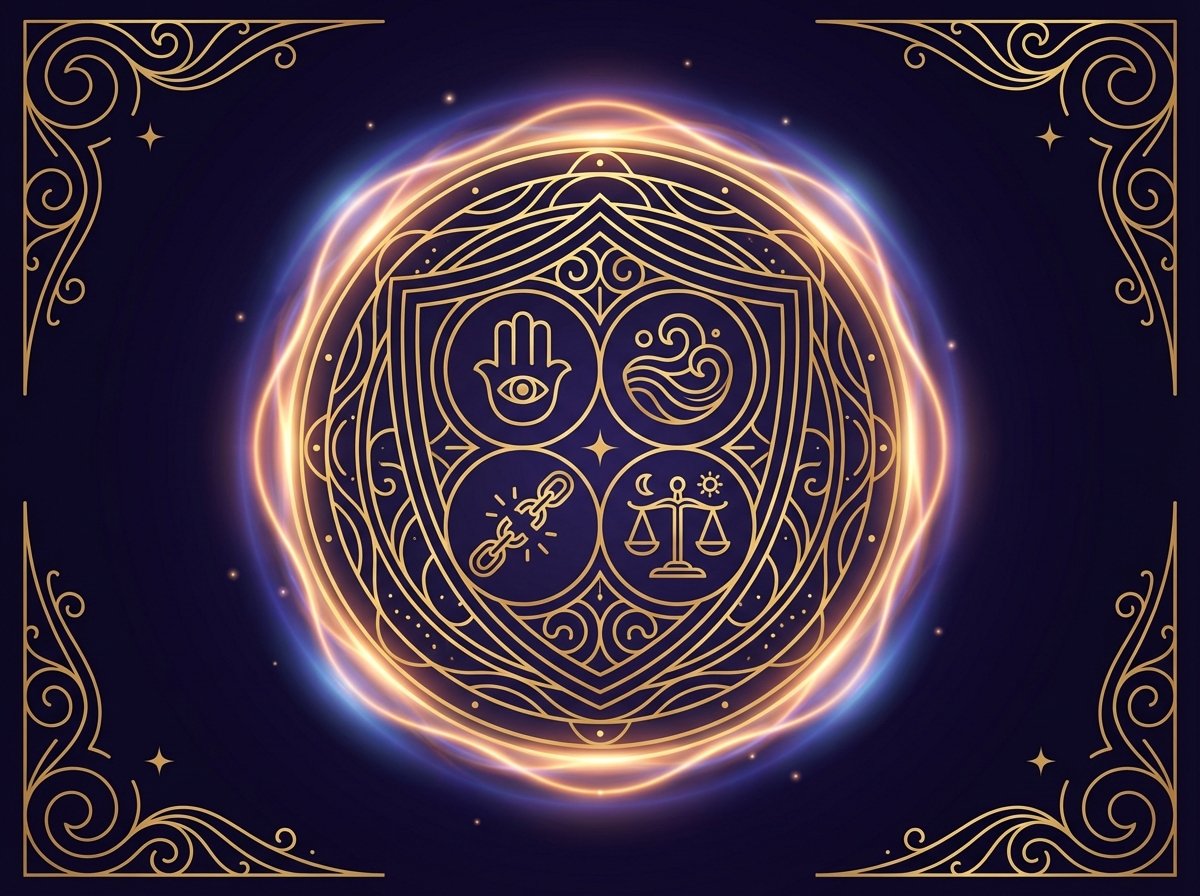 Escudo energético con luz y símbolos místicos que representa el proceso de protección espiritual y bloqueo de energías negativas