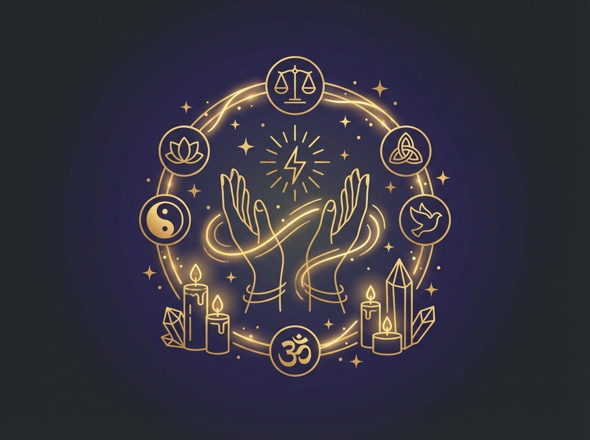 Energía de sanación con velas y cristales brillando, representando equilibrio emocional, armonía espiritual y limpieza energética