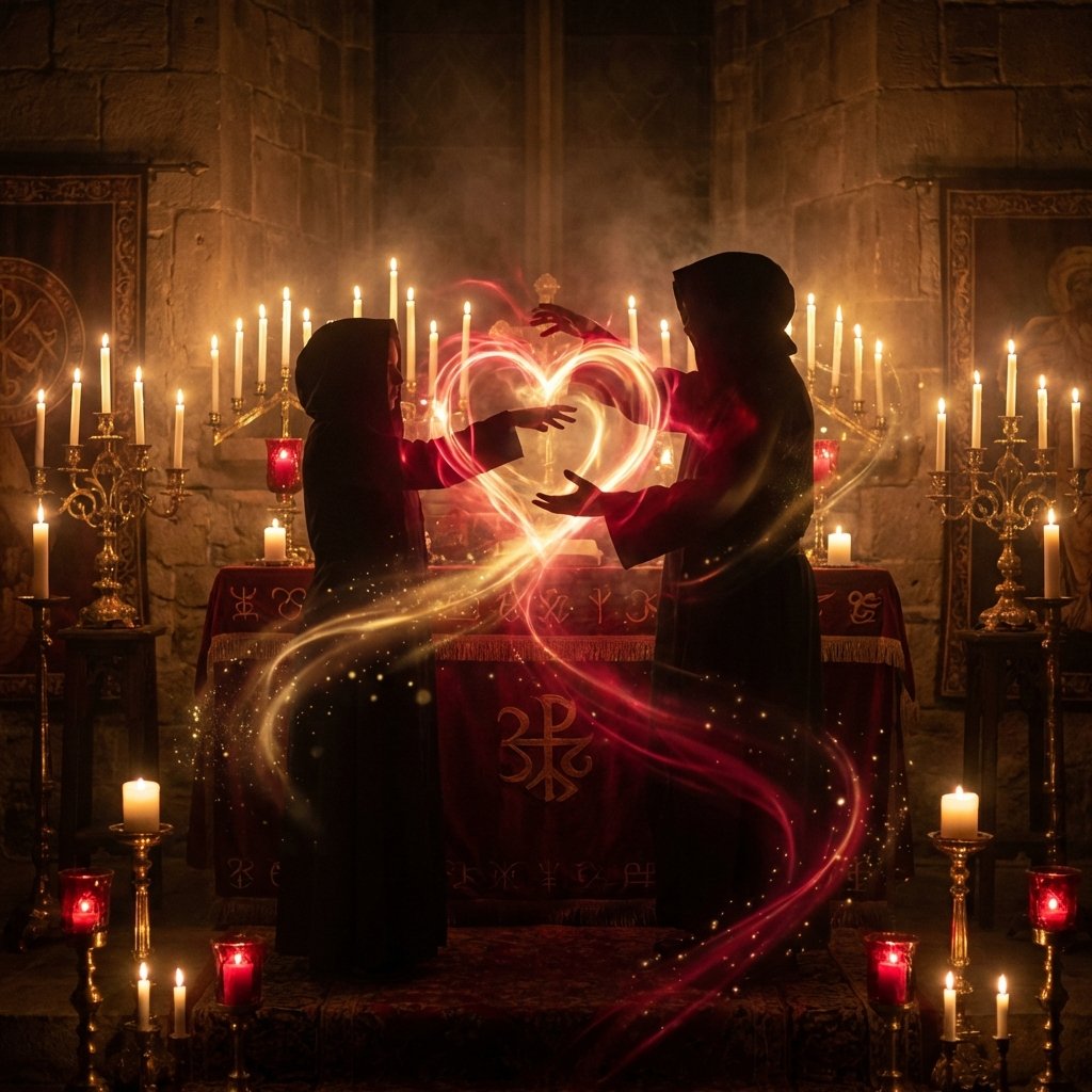Ritual de amor con velas y energía roja conectando a dos personas representando amarres de amor efectivos