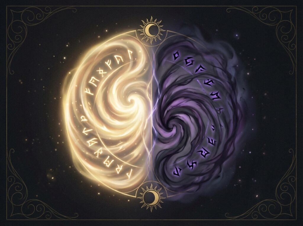 Representación de magia blanca y magia negra con energías opuestas en un entorno místico oscuro