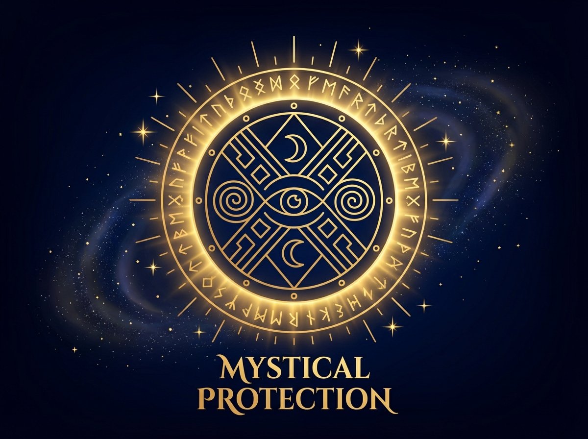 Escudo energético con luz brillante y símbolos místicos que representan protección espiritual, limpieza energética y bloqueo de energías negativas