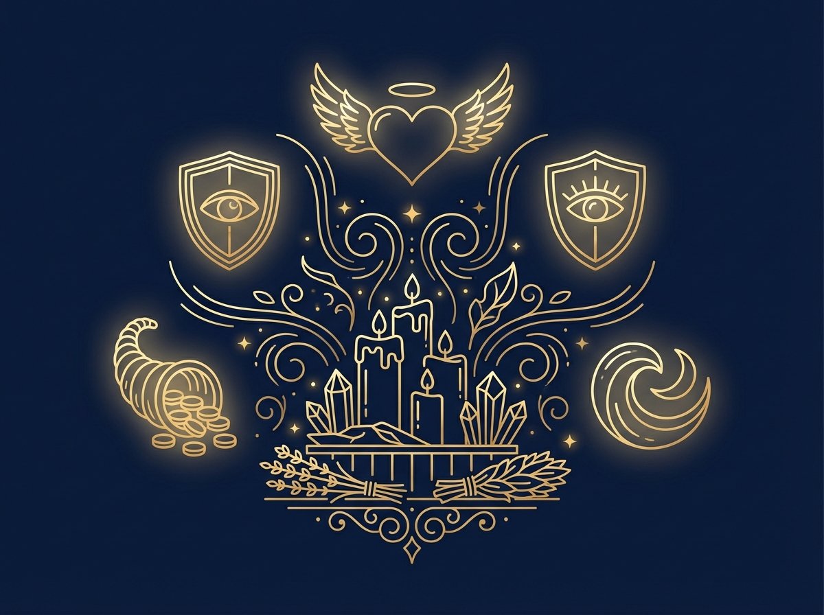 Ritual esotérico con velas, cristales y elementos místicos representando protección, limpieza energética, amor y abundancia