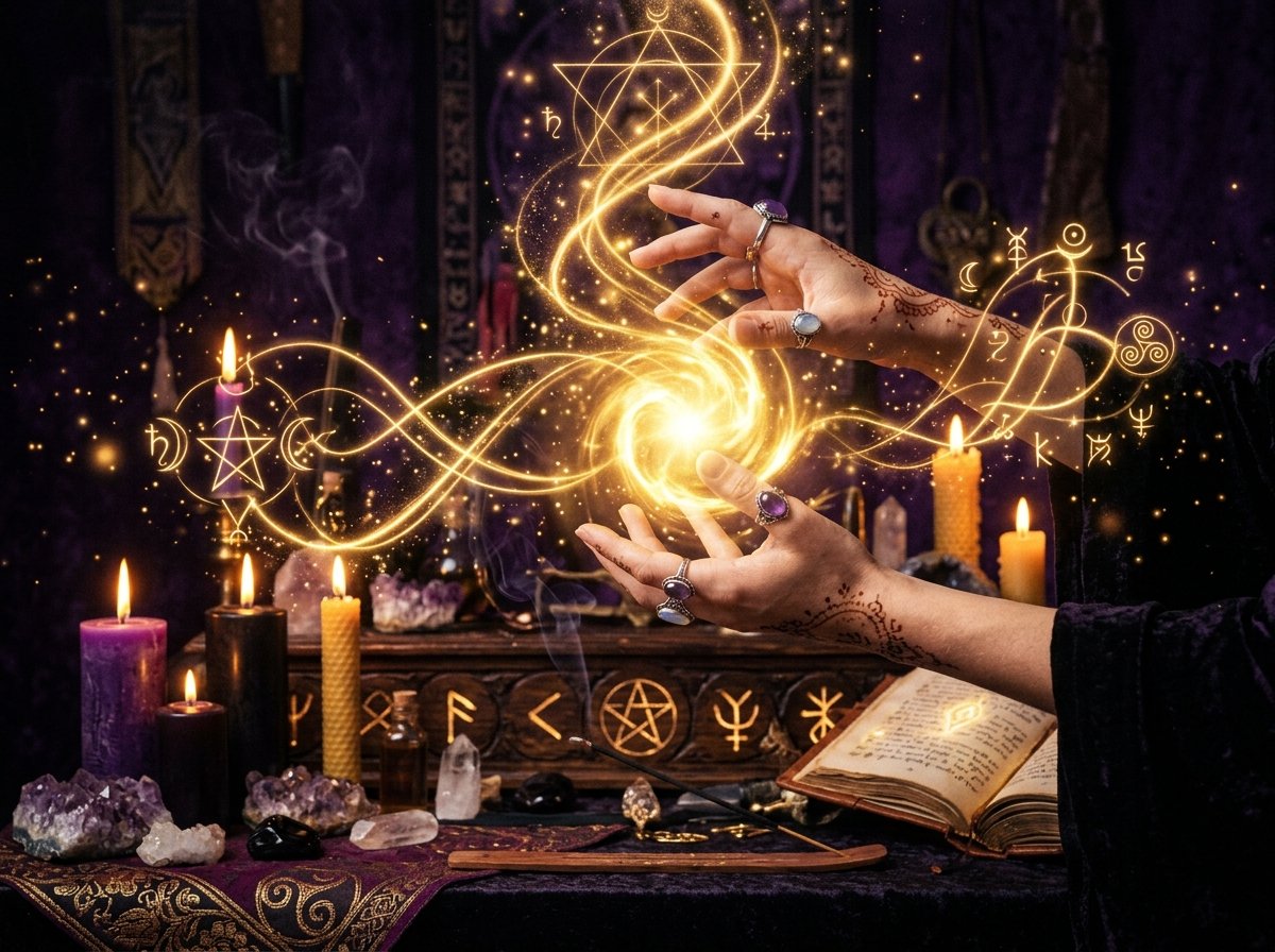 manos canalizando energía dorada en un ritual místico con velas y símbolos espirituales