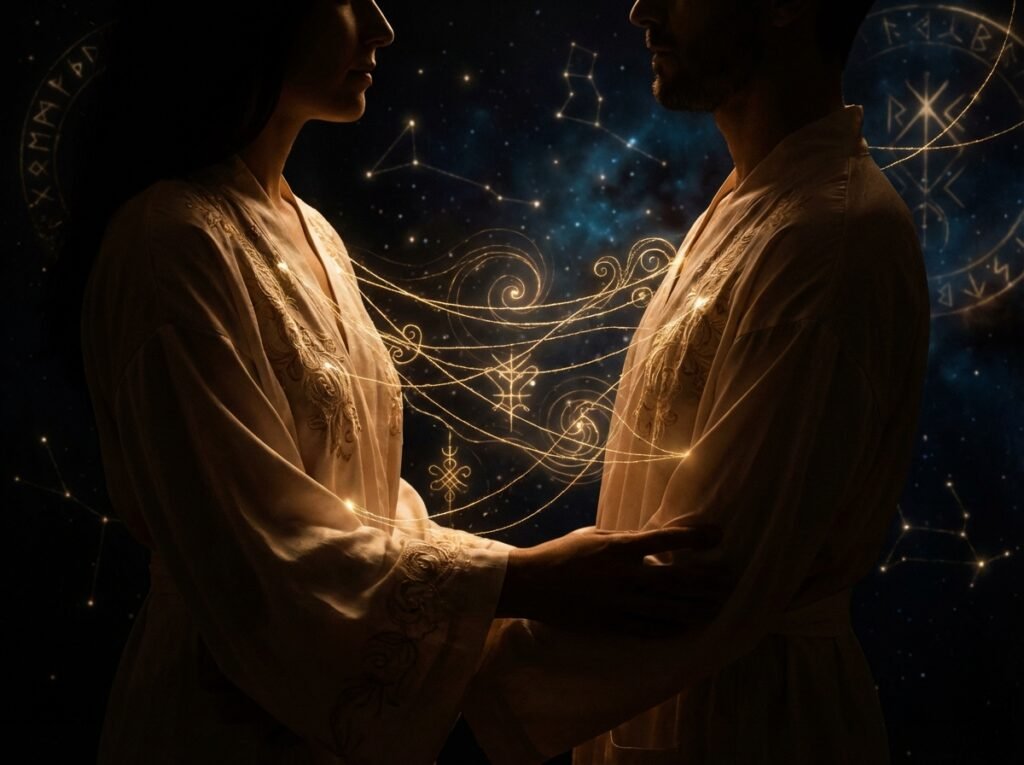 Ritual esotérico con velas y cristales representando hechizos de amor y trabajos de brujería