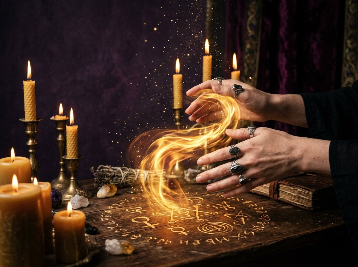 manos canalizando energía dorada de prosperidad en ritual místico