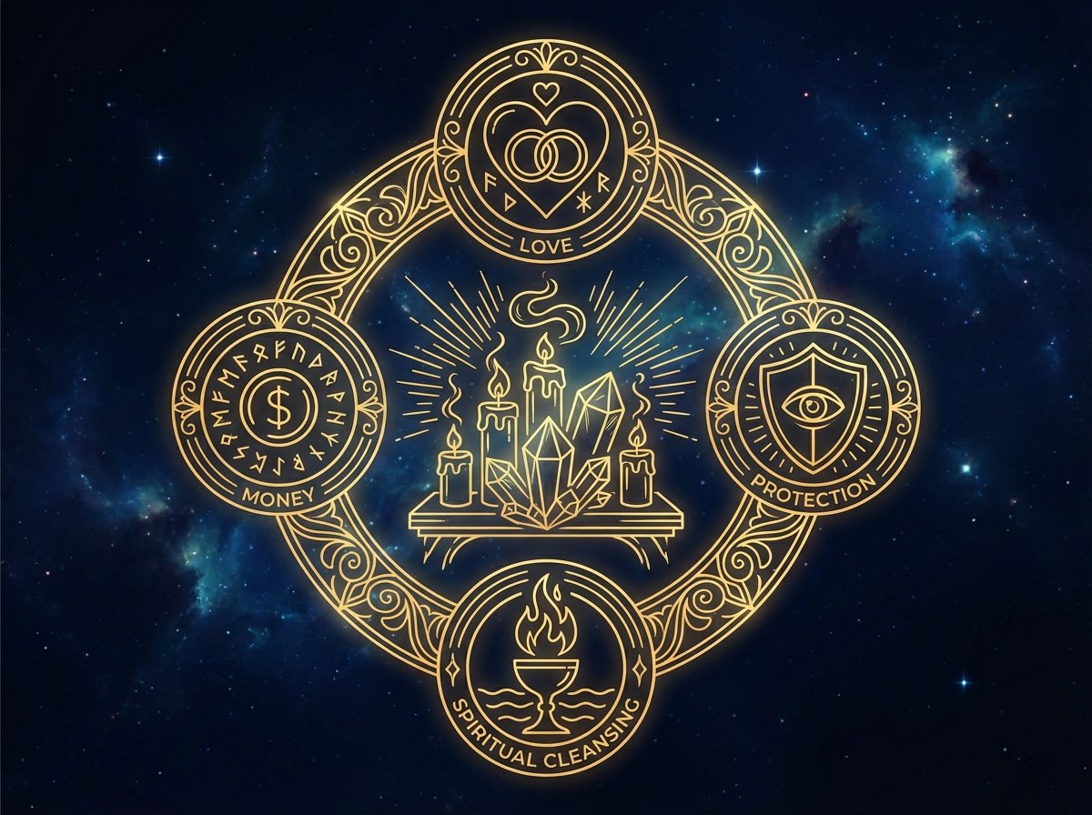 Elementos de ritual esotérico con velas y cristales emitiendo energía, representando el proceso de activación energética y limpieza espiritual