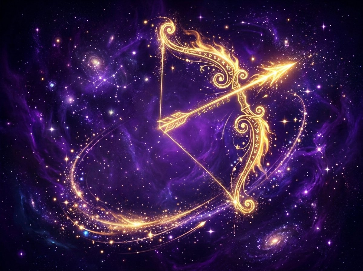símbolo místico de Sagitario con flecha de energía dorada