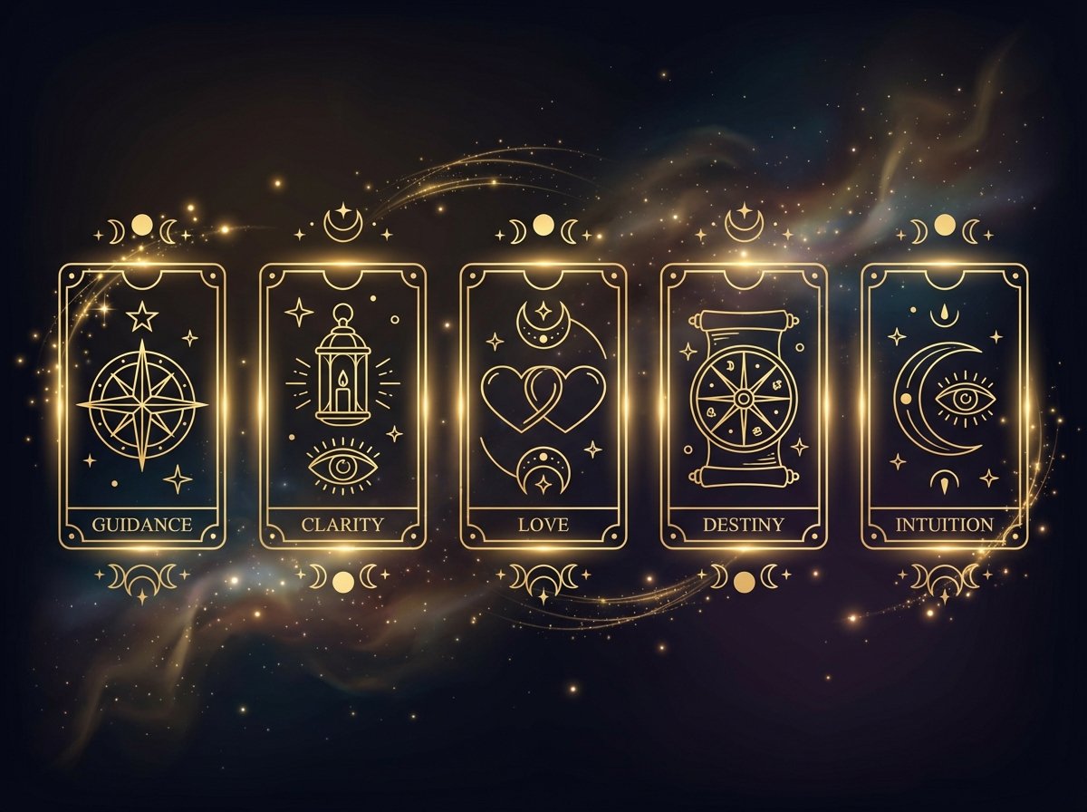Ilustración de cartas de tarot doradas con símbolos de guía, claridad, amor, destino e intuición sobre fondo oscuro y místico