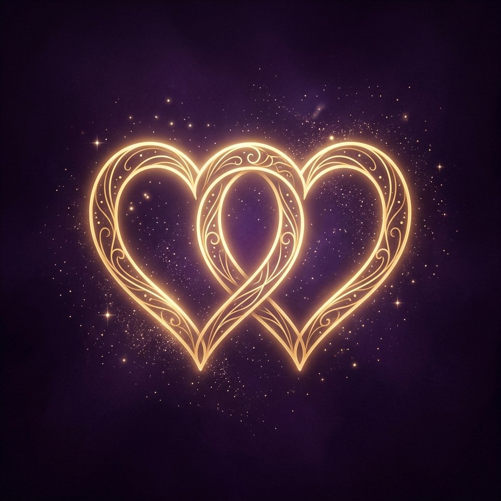 icono místico de dos corazones unidos con energía dorada sobre fondo oscuro