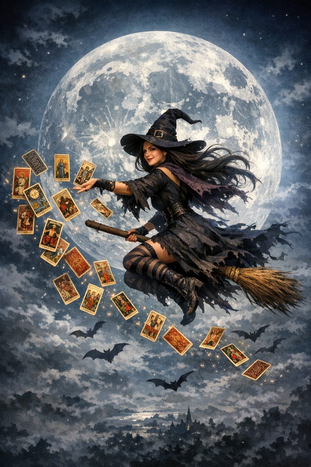 bruja en escoba volando mientras suelta cartas de tarot en un cielo nocturno mágico
