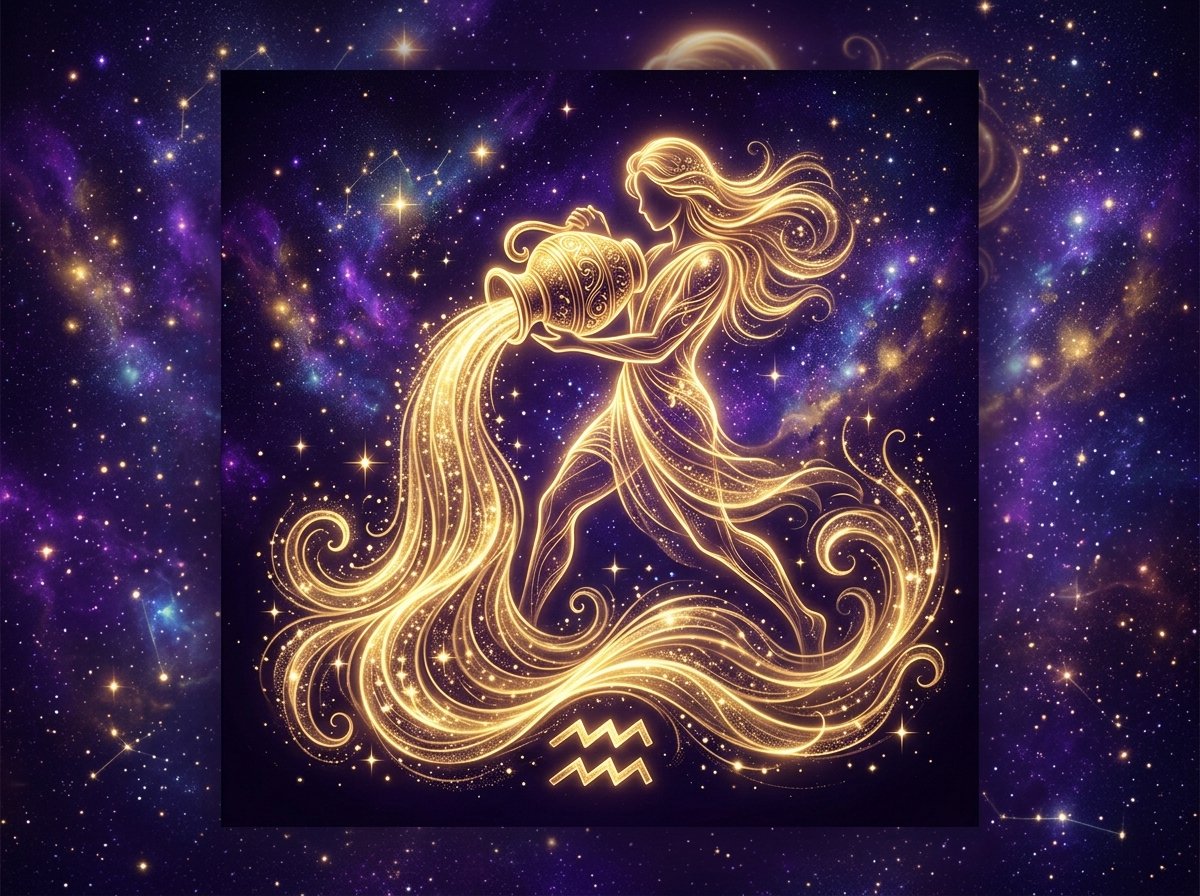 símbolo místico de Acuario con flujo de energía dorada