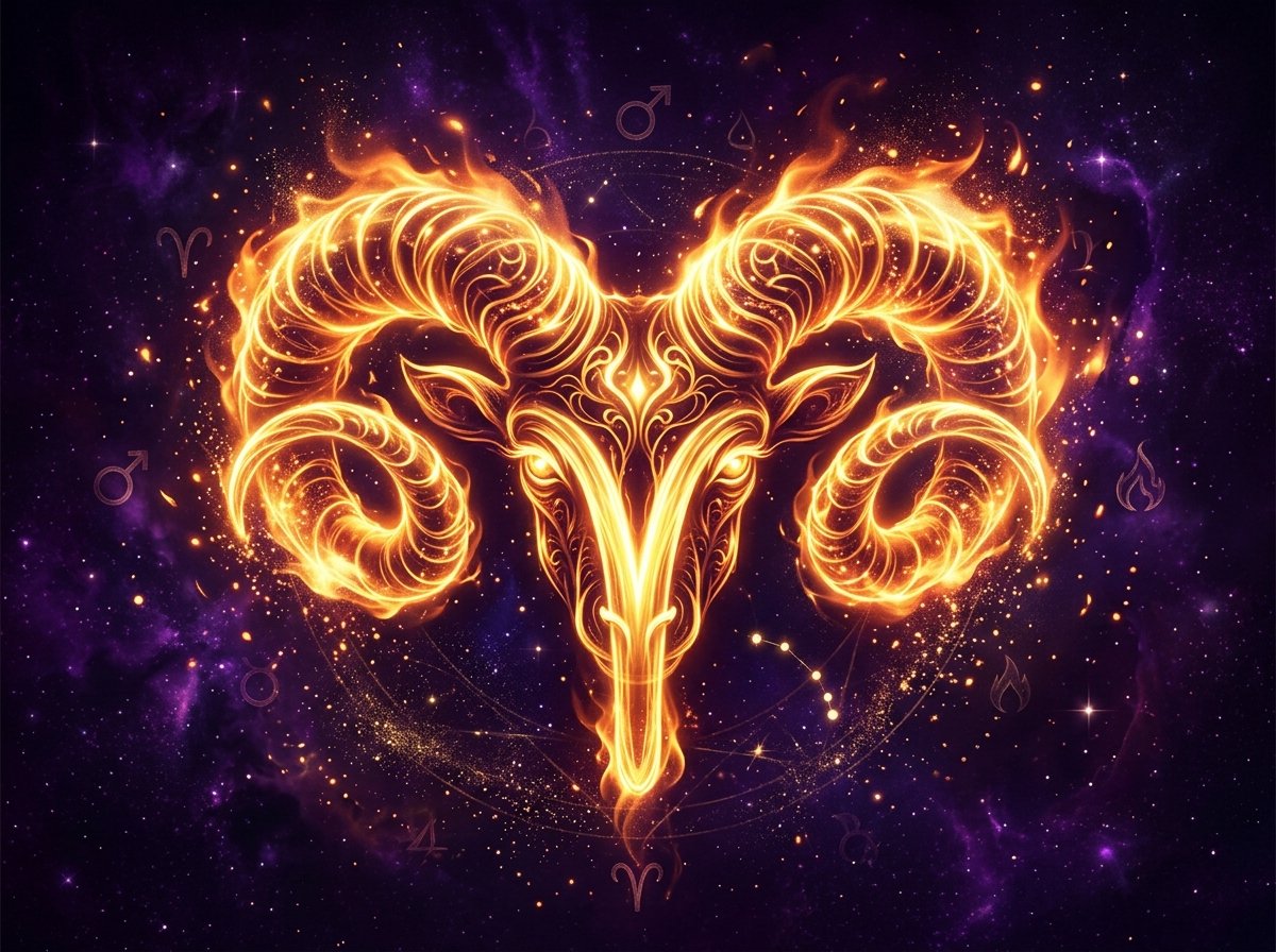 símbolo místico de Aries con energía dorada sobre fondo oscuro