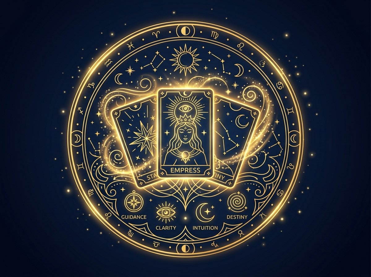 Cartas de tarot con energía mística y símbolos cósmicos representando guía espiritual, intuición, claridad y toma de decisiones