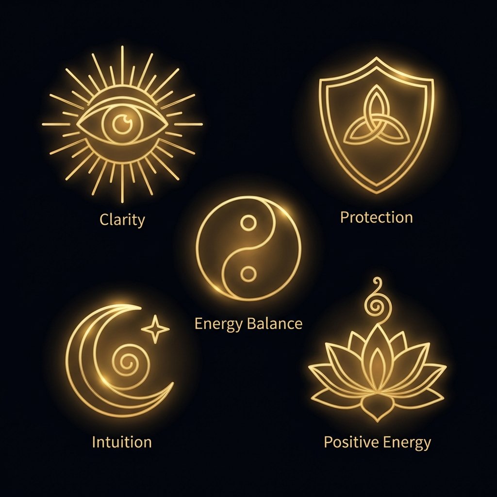 Iconos espirituales dorados representando claridad, protección, equilibrio energético, intuición y energía positiva sobre fondo transparente