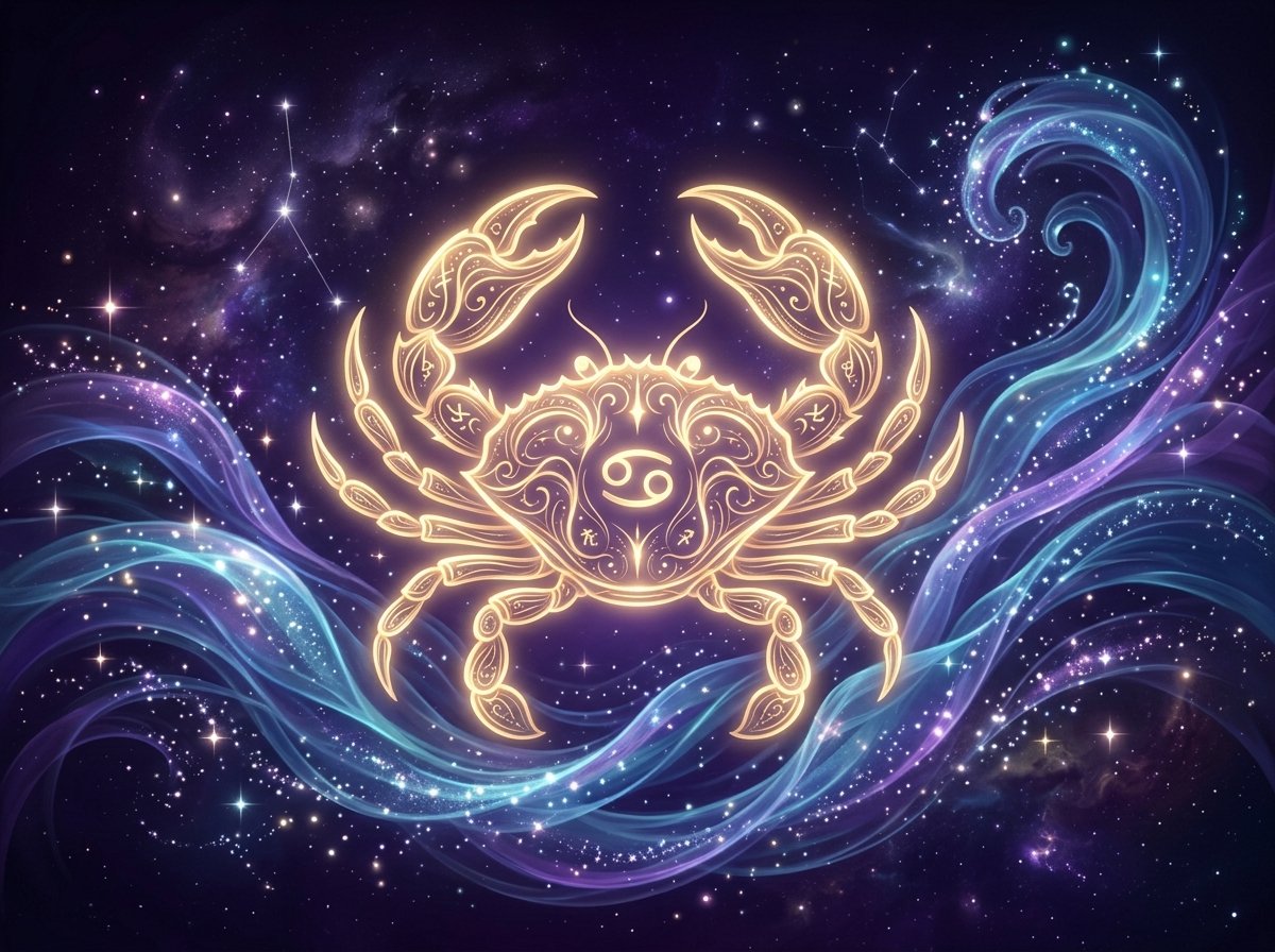 símbolo místico de Cáncer con energía luminosa sobre fondo oscuro