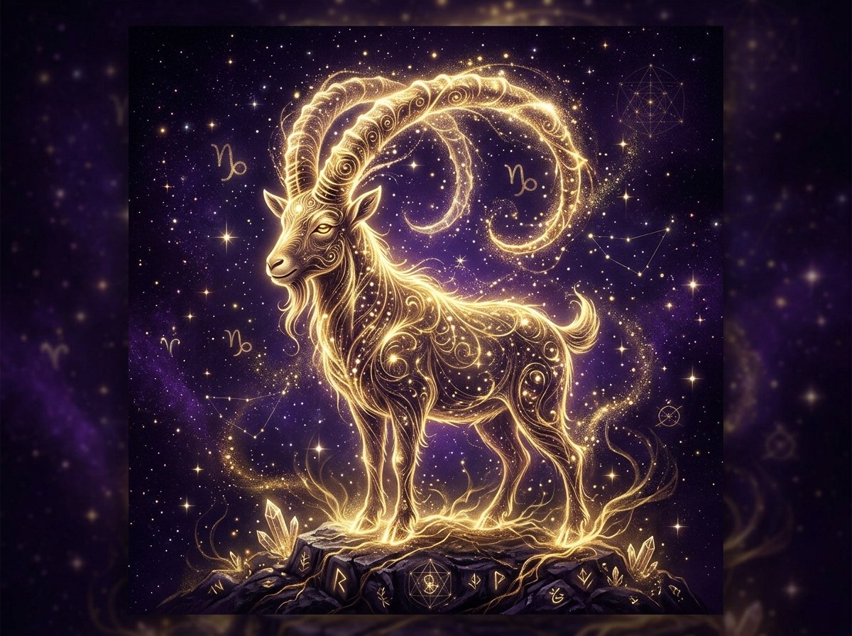 símbolo místico de Capricornio con luz dorada sobre fondo oscuro