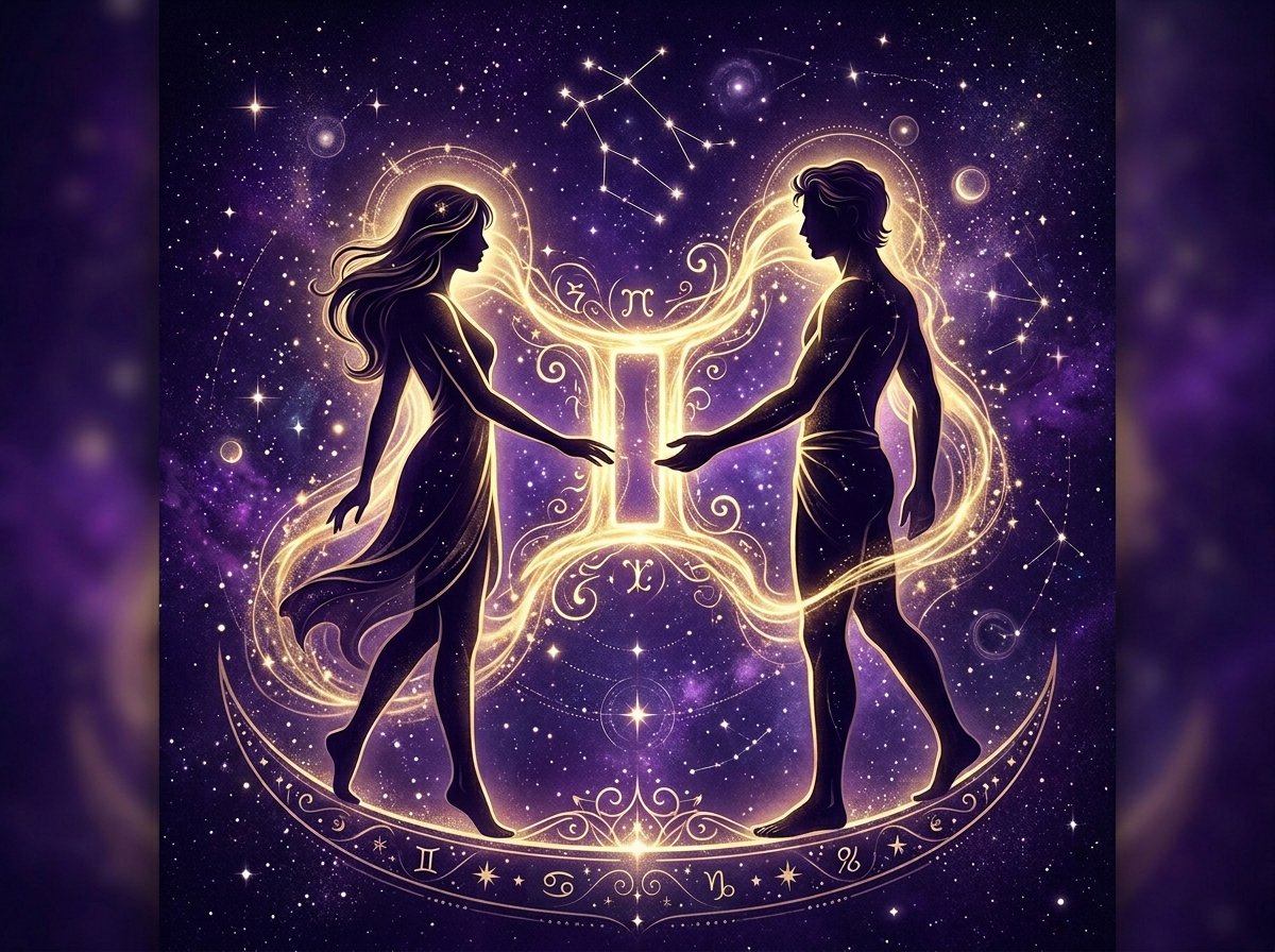 símbolo místico de Géminis con energía dual dorada