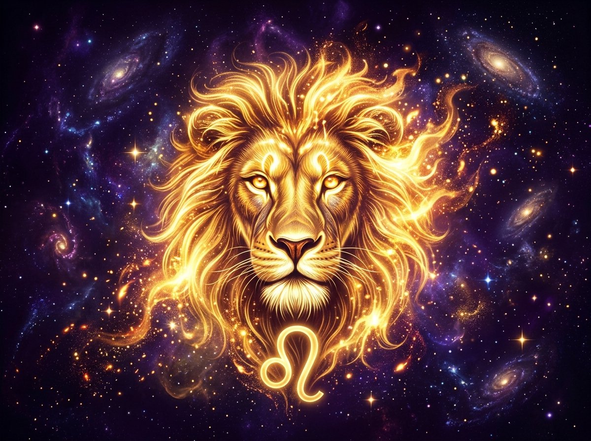 símbolo místico de Leo con luz dorada y aura energética