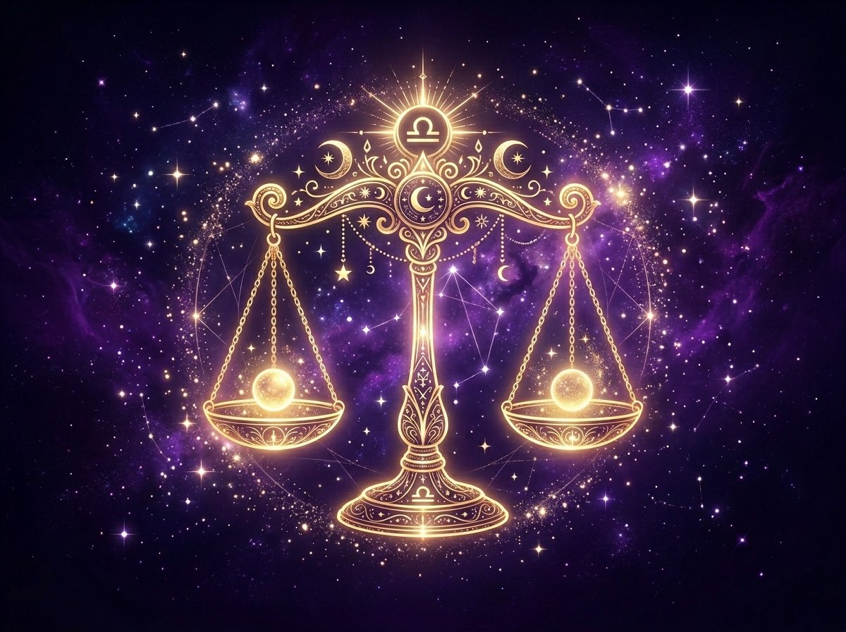 símbolo místico de Libra con balanza dorada y fondo oscuro