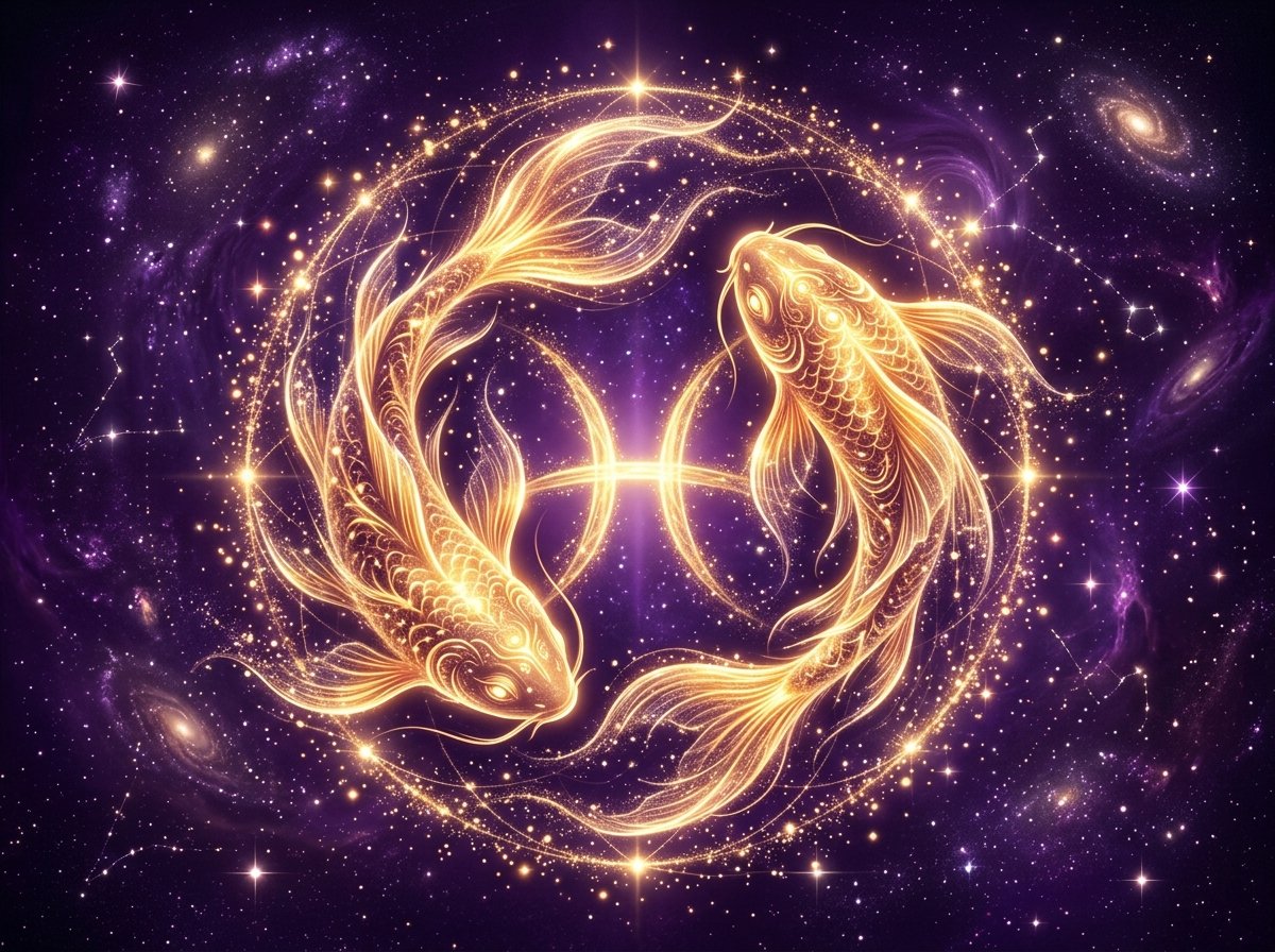 símbolo místico de Piscis con peces de energía dorada