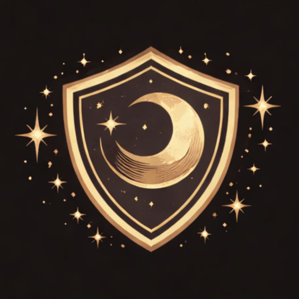 Icono de escudo místico con luna representando protección energética y defensa espiritual