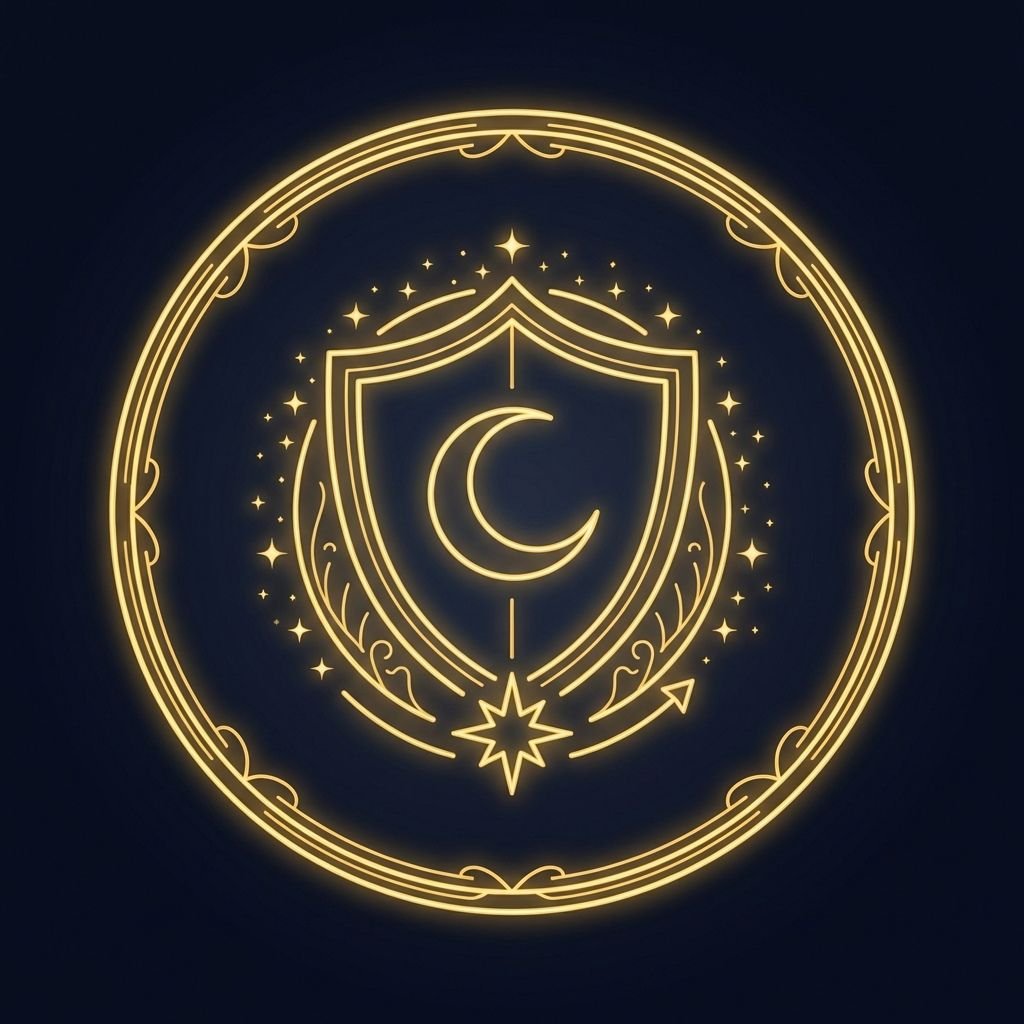 Icono de escudo místico con luna representando protección energética y defensa espiritual
