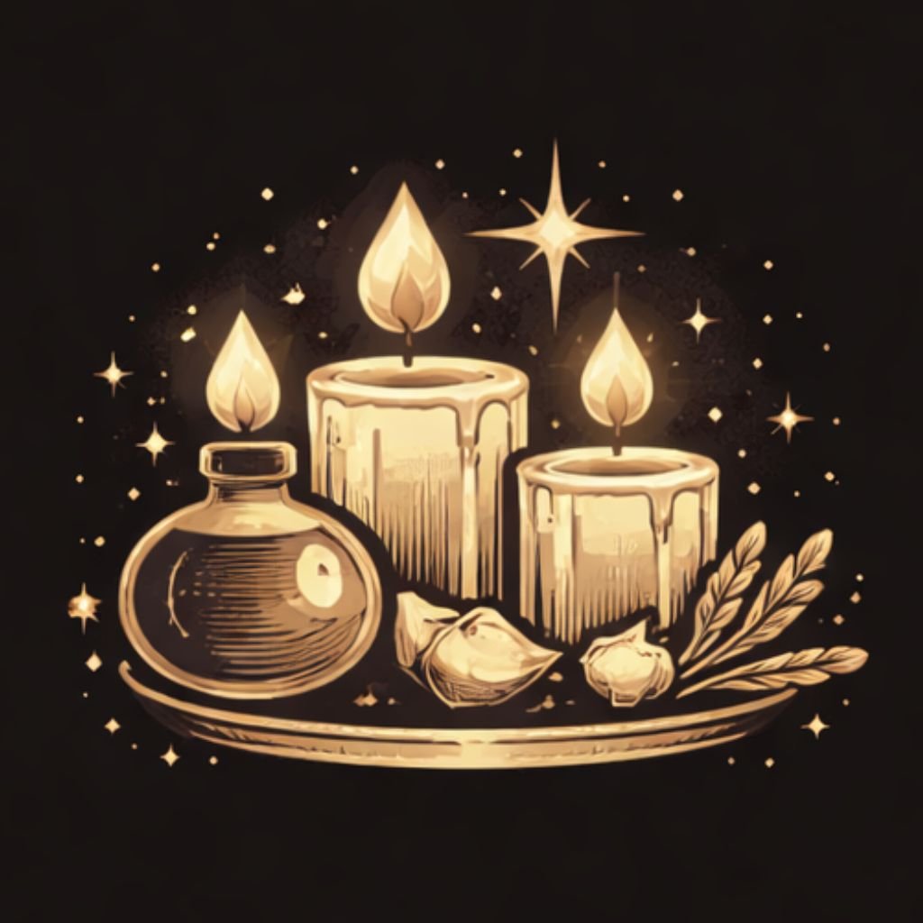 Icono de ritual con velas, hierbas y elementos esotéricos para atraer energía positiva y protección
