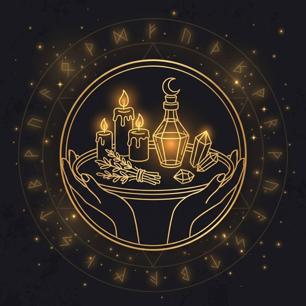 Icono de ritual con velas, hierbas y elementos esotéricos para atraer energía positiva y protección