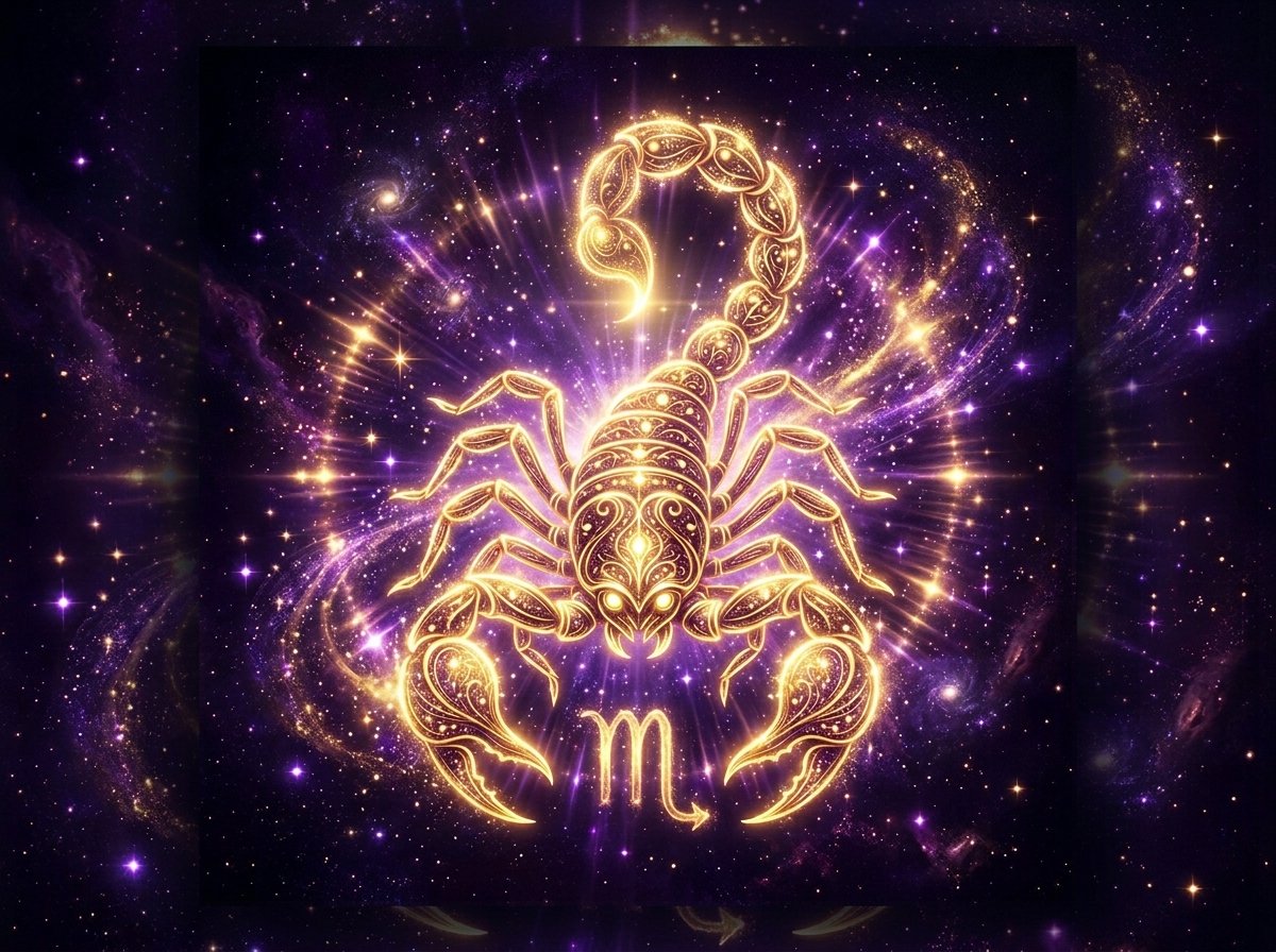 símbolo místico de Escorpio con energía dorada sobre fondo violeta