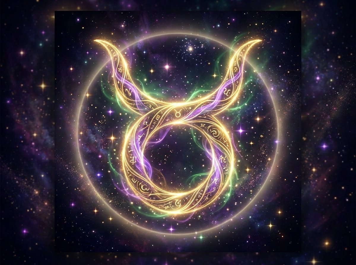 símbolo místico de Tauro con luz dorada y fondo violeta